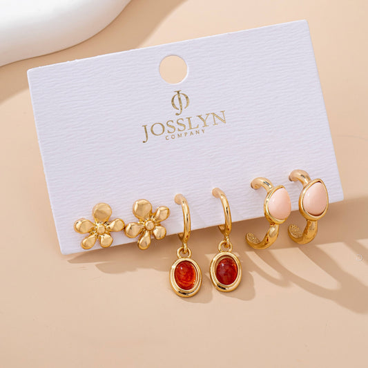 Gold Floral & Gem Drop Hoop Trio Earring Set