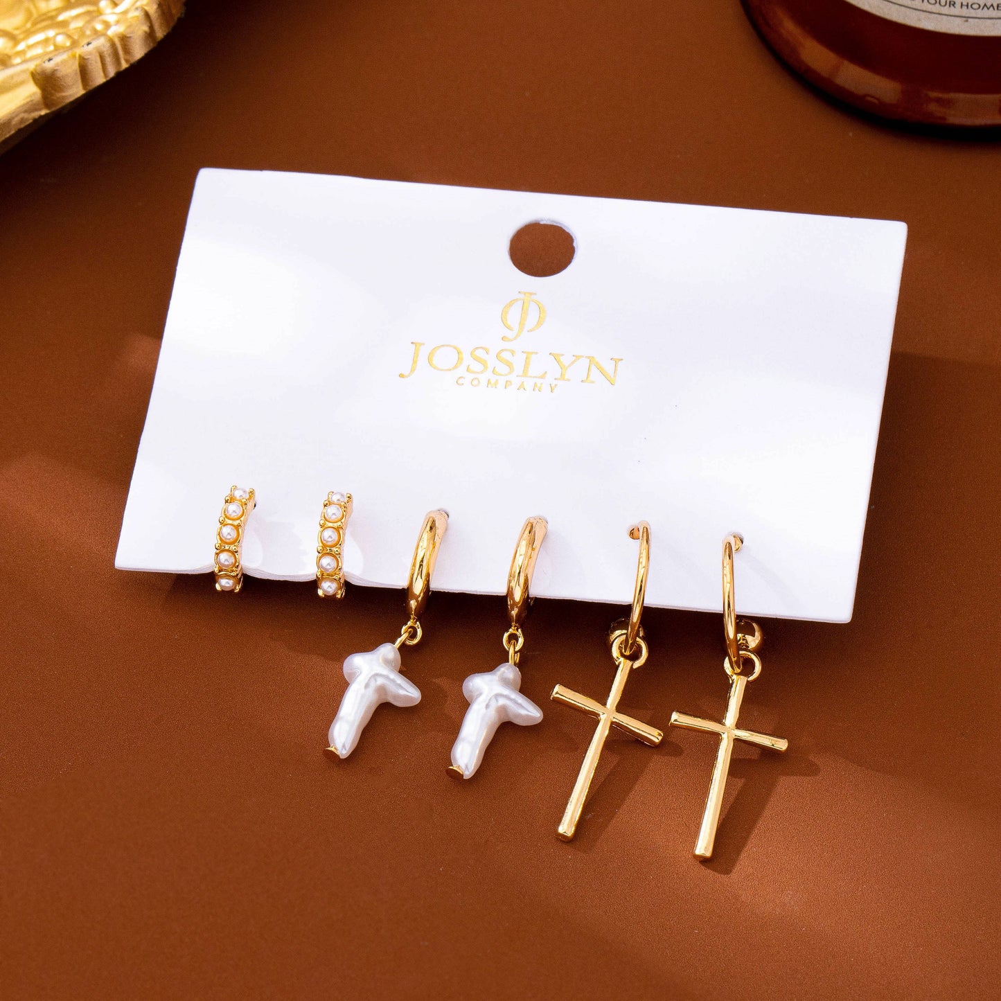 Cross Charm Huggie Hoop Trio Earrings Set