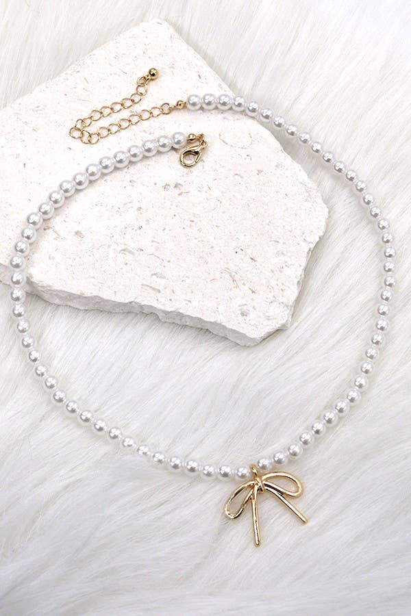 Pearl Chain Bow Necklace