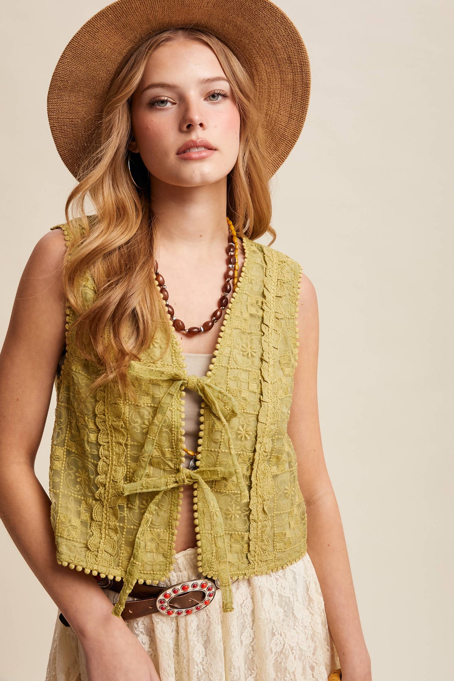 Embroidered Lace Tie-Front Vest
