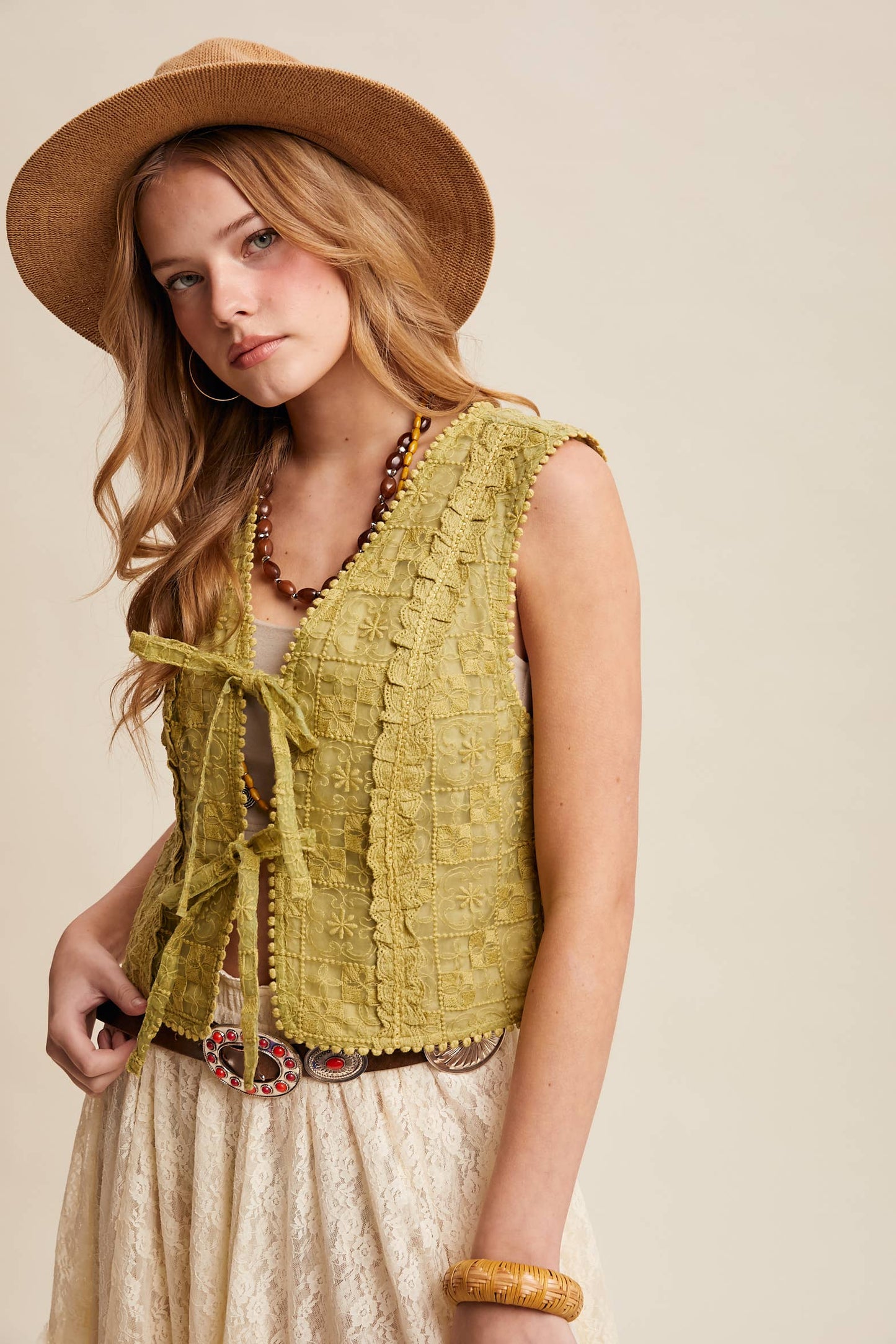 Embroidered Lace Tie-Front Vest