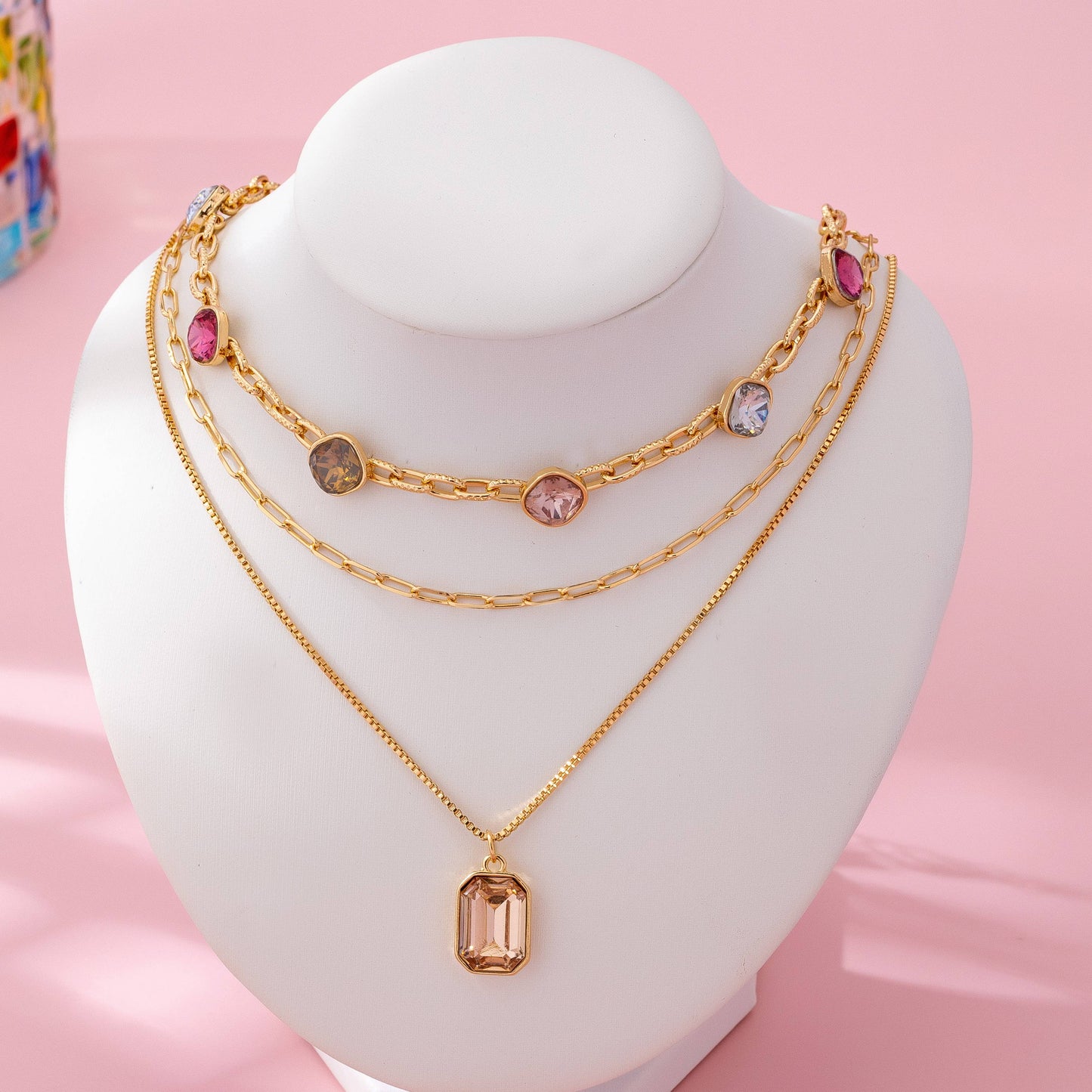 Oval Stone Beaded Ball Multi Layer Chain Necklace