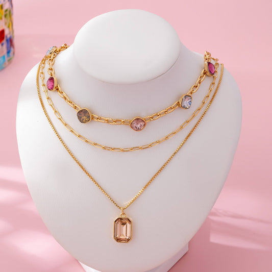 Oval Stone Beaded Ball Multi Layer Chain Necklace
