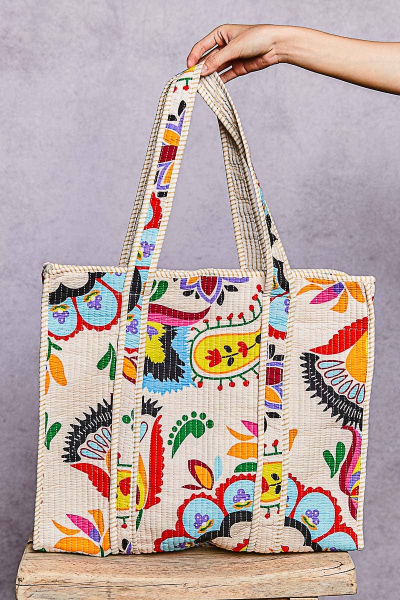 Cotton Printed Cream Tote Bag