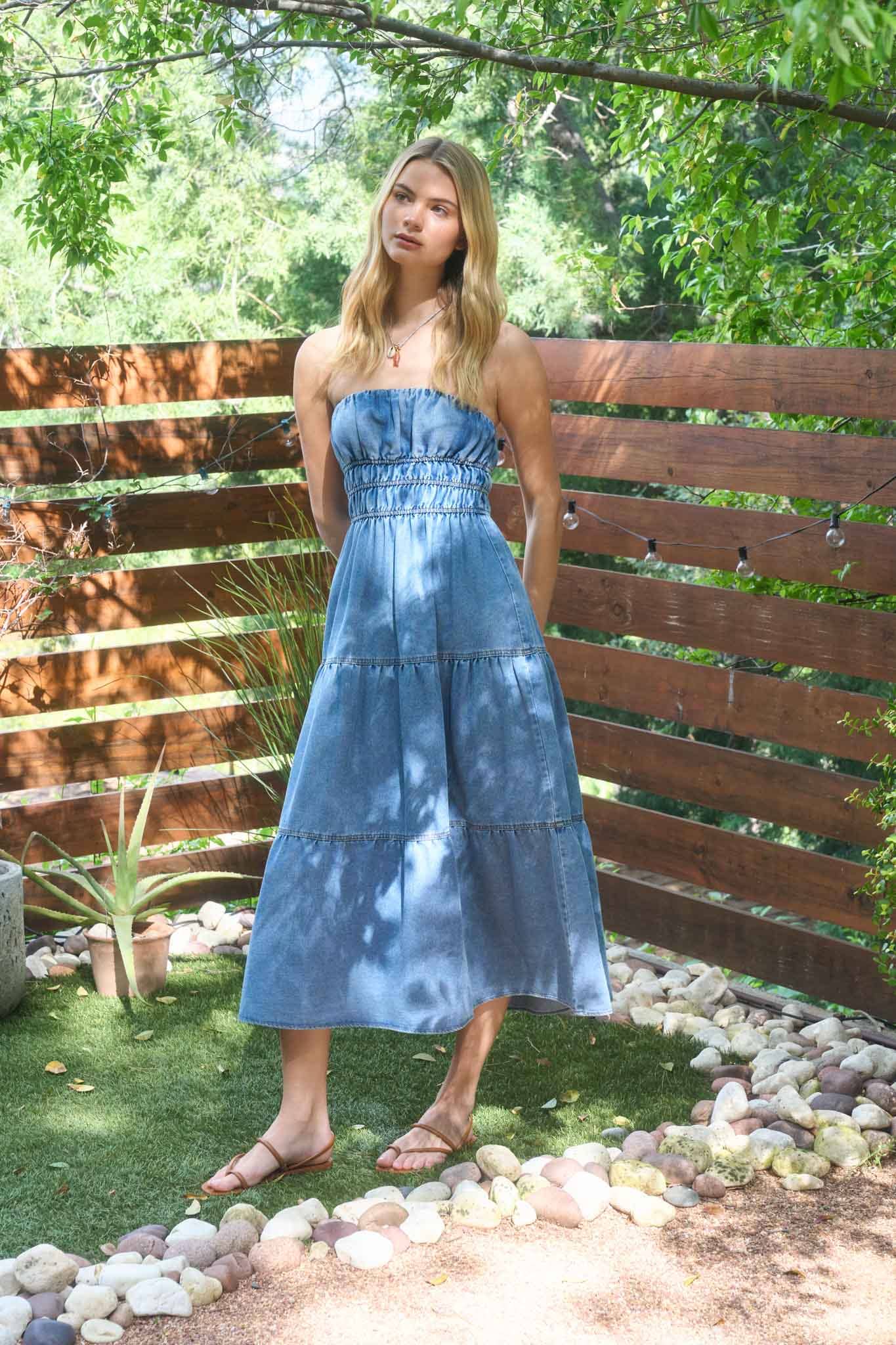 Strapless Tiered Denim Midi Sundress