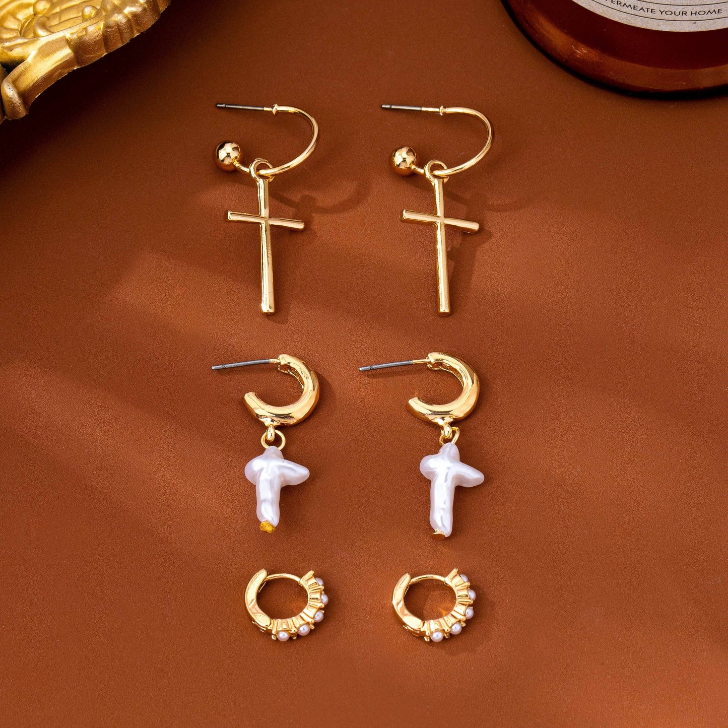 Cross Charm Huggie Hoop Trio Earrings Set