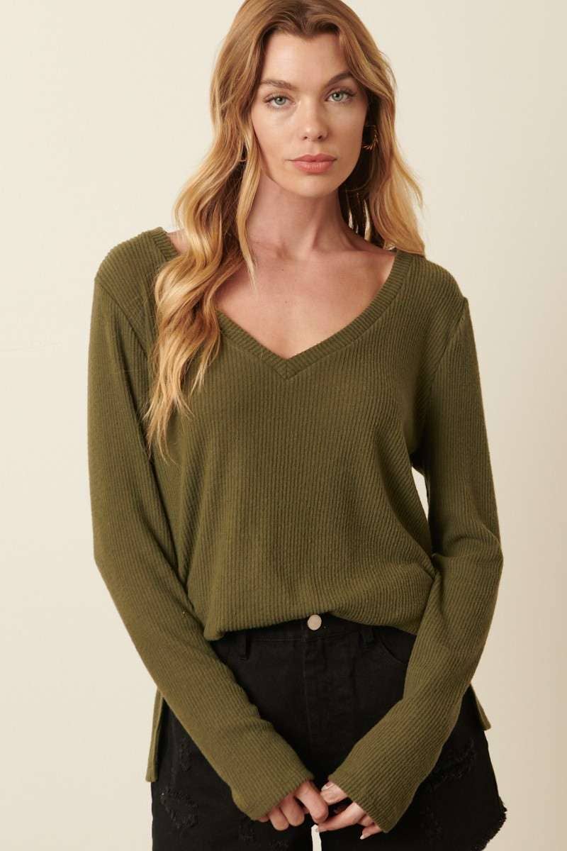 Olive V Neck Rib Top