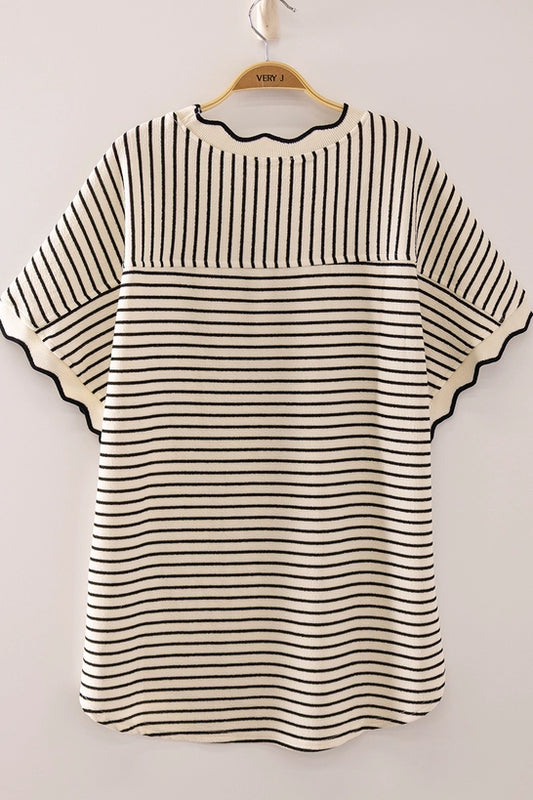 Scallop Trim Stripe Knit Top