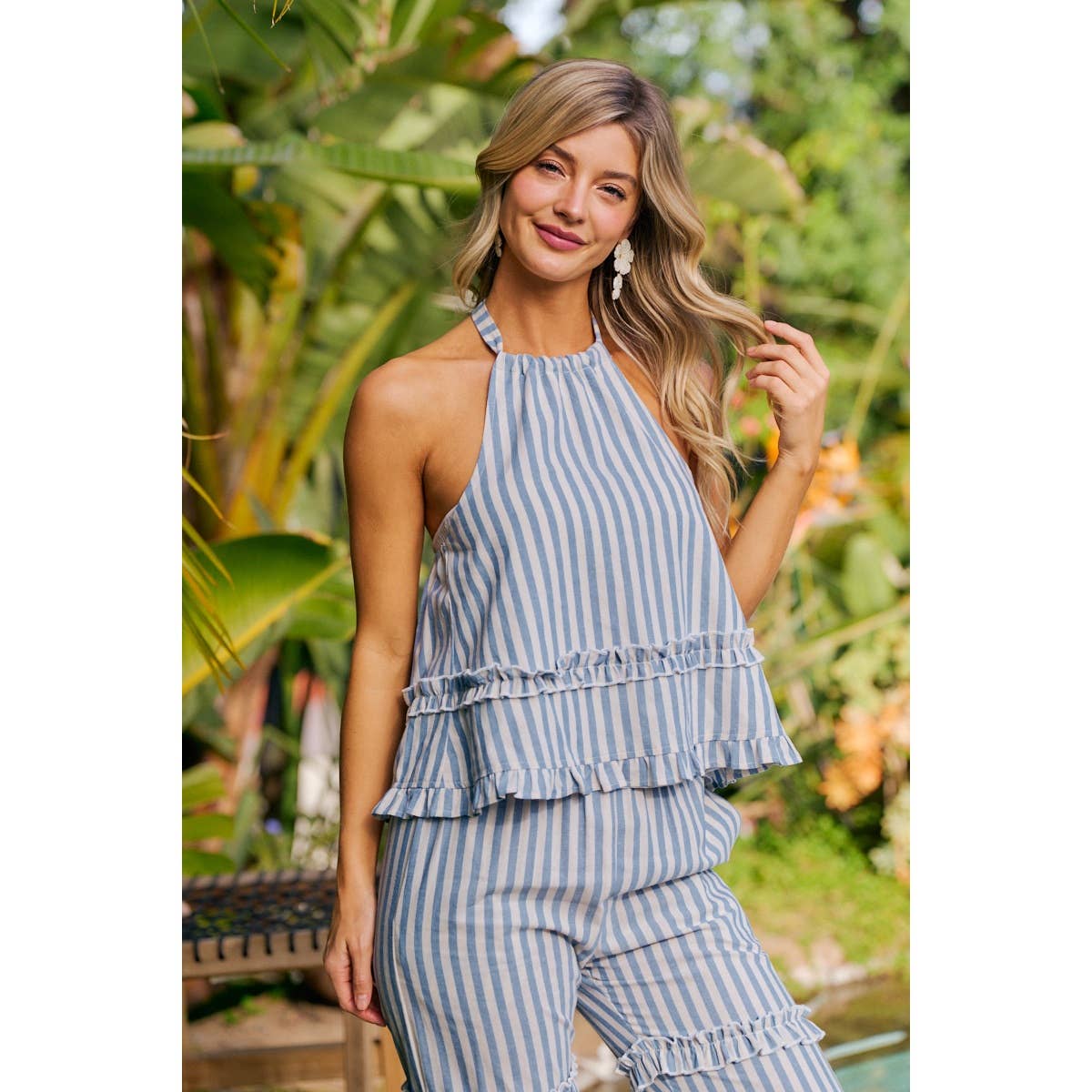 Stripe Ruffle Detail Halter Neck Top