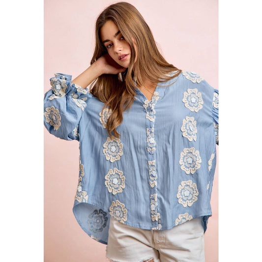 Flower Patch Woven Bubble Sleeve Blouse