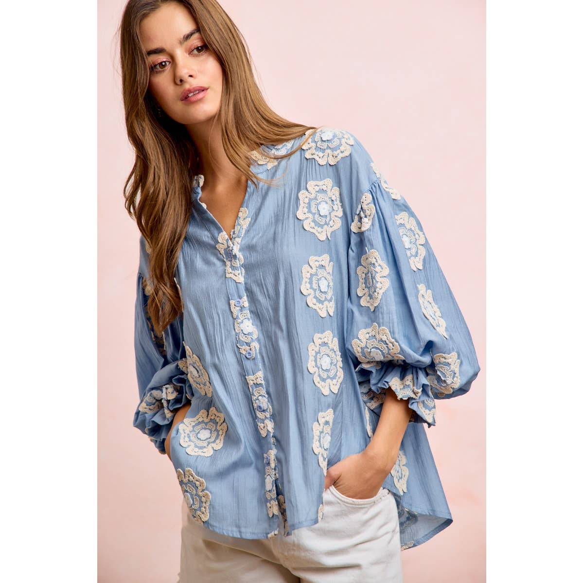 Flower Patch Woven Bubble Sleeve Blouse