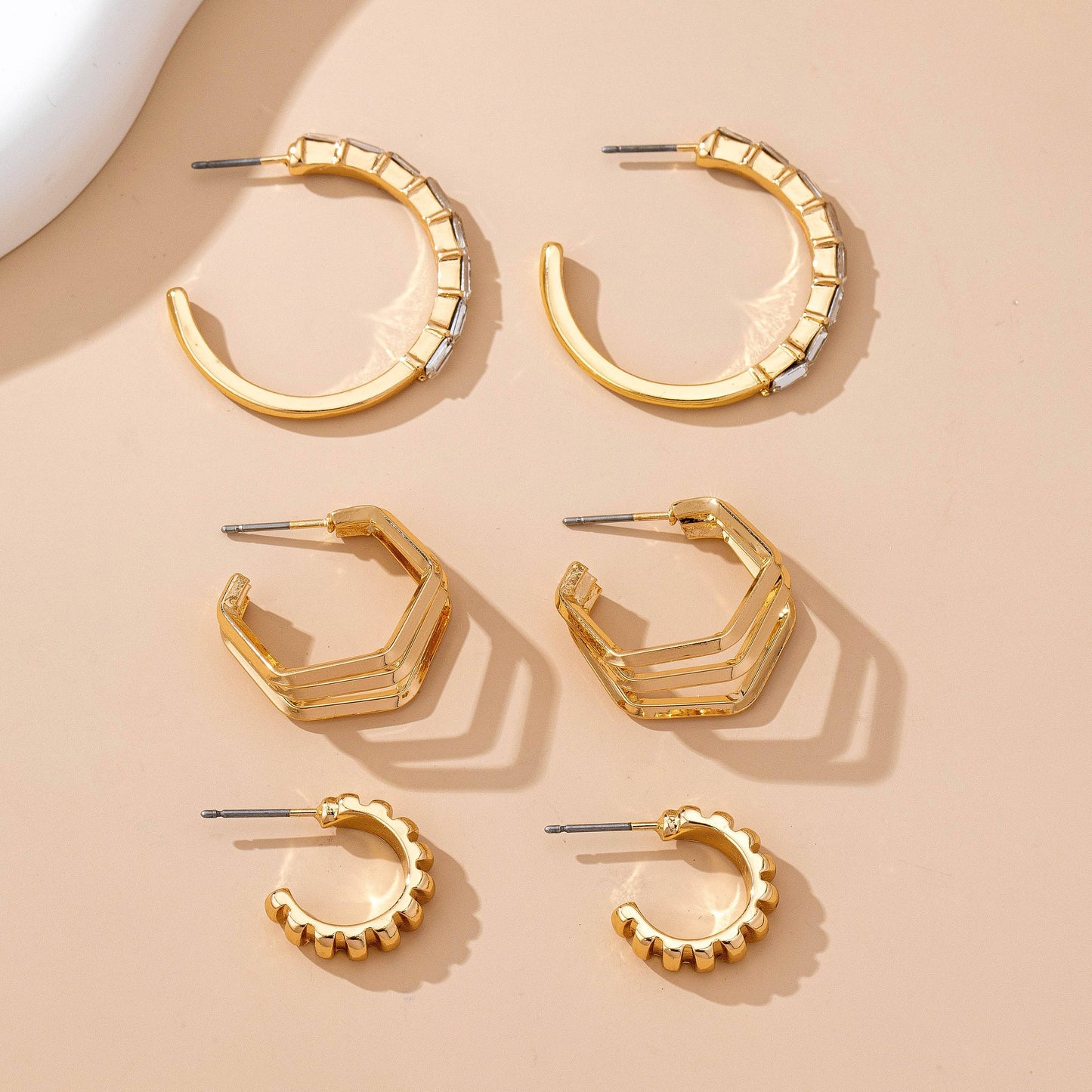 Baguette Stone Hoop, Geo Hoop Trio Earrings