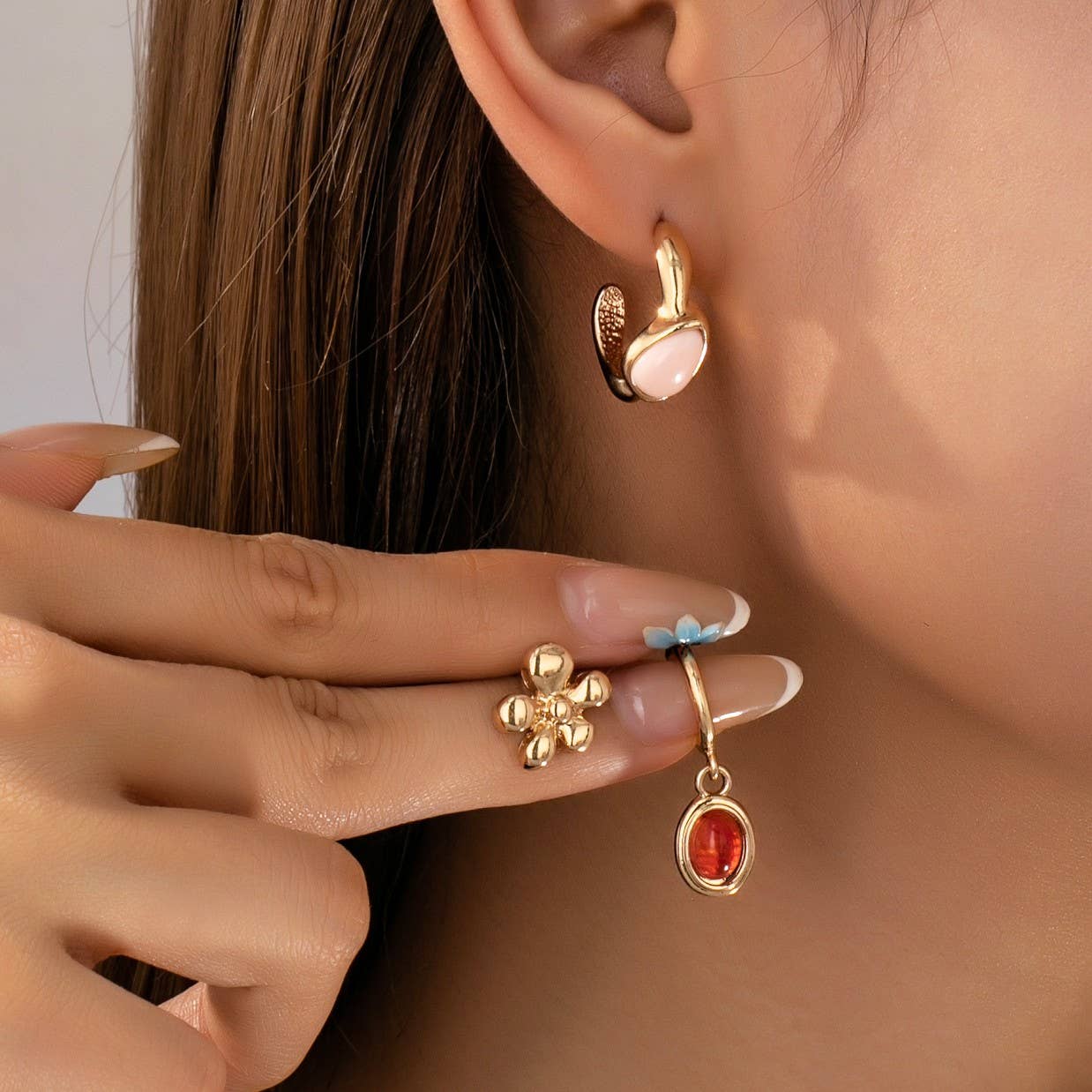 Gold Floral & Gem Drop Hoop Trio Earring Set