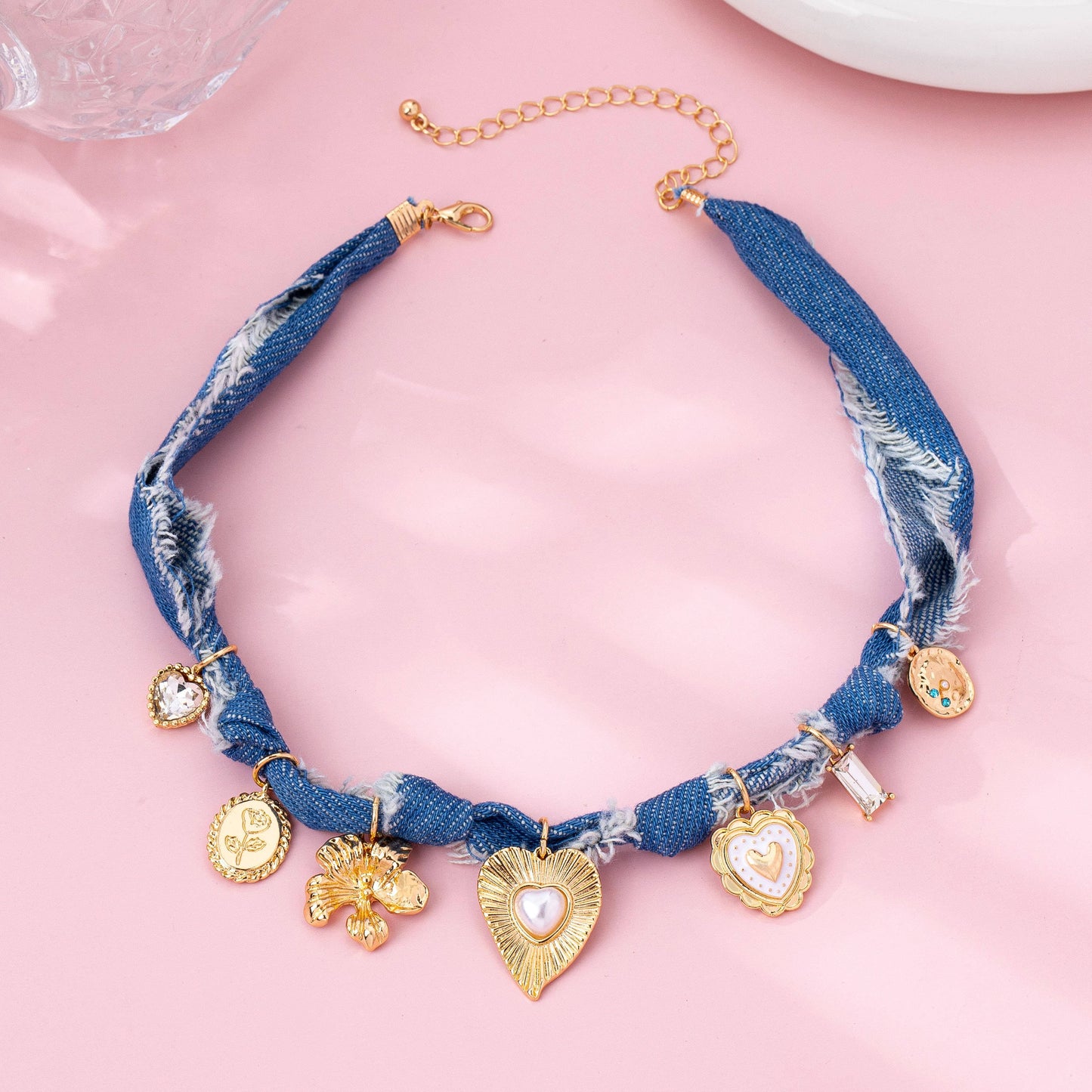 Distressed Denim Heart Floral Charm Necklace