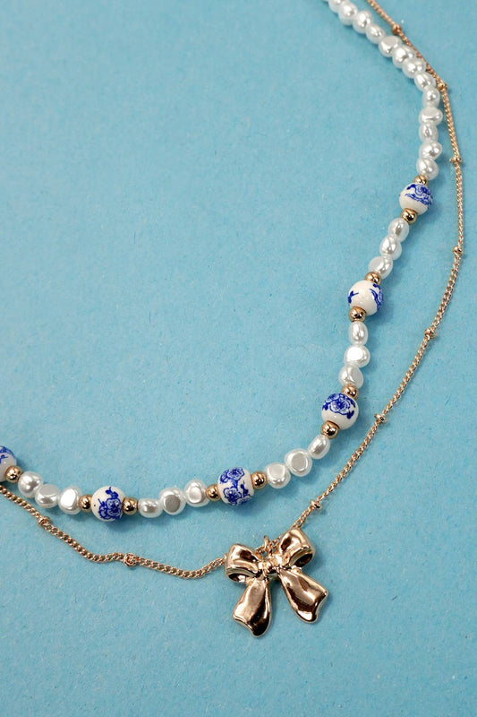 Blue Ceramic Porcelain Pearl Mix with Layered Bow Charm Chain Necklace