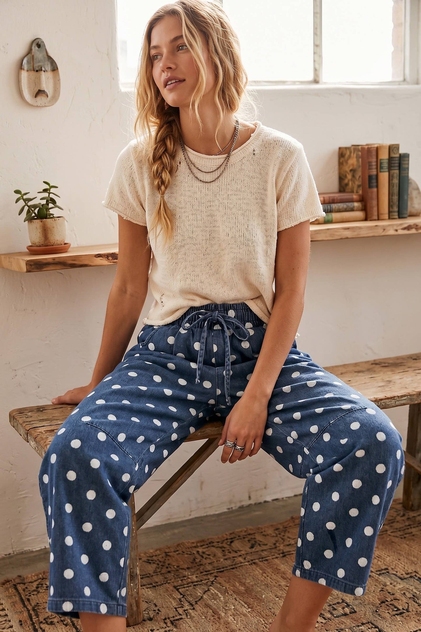 Dark Wash Polka Dot Denim Barrel Pants