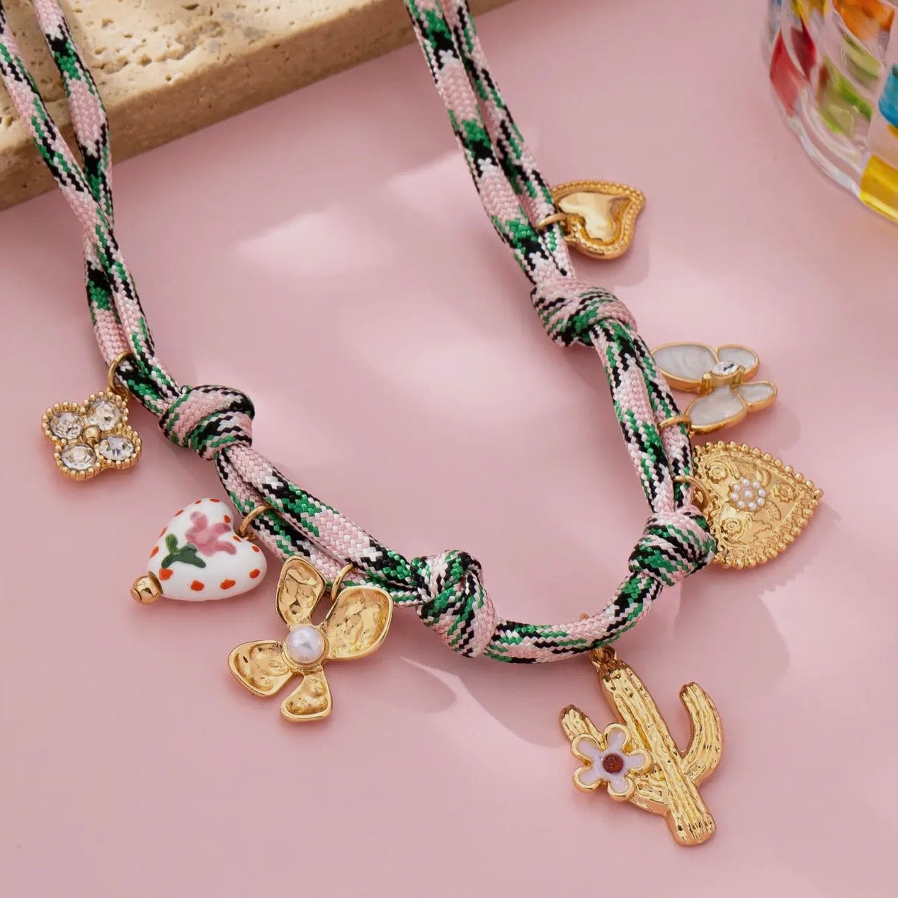 Pink Cord Charm Necklace - Bohemian Multi-Charm