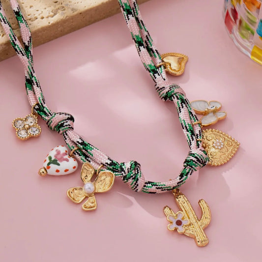 Pink Cord Charm Necklace - Bohemian Multi-Charm