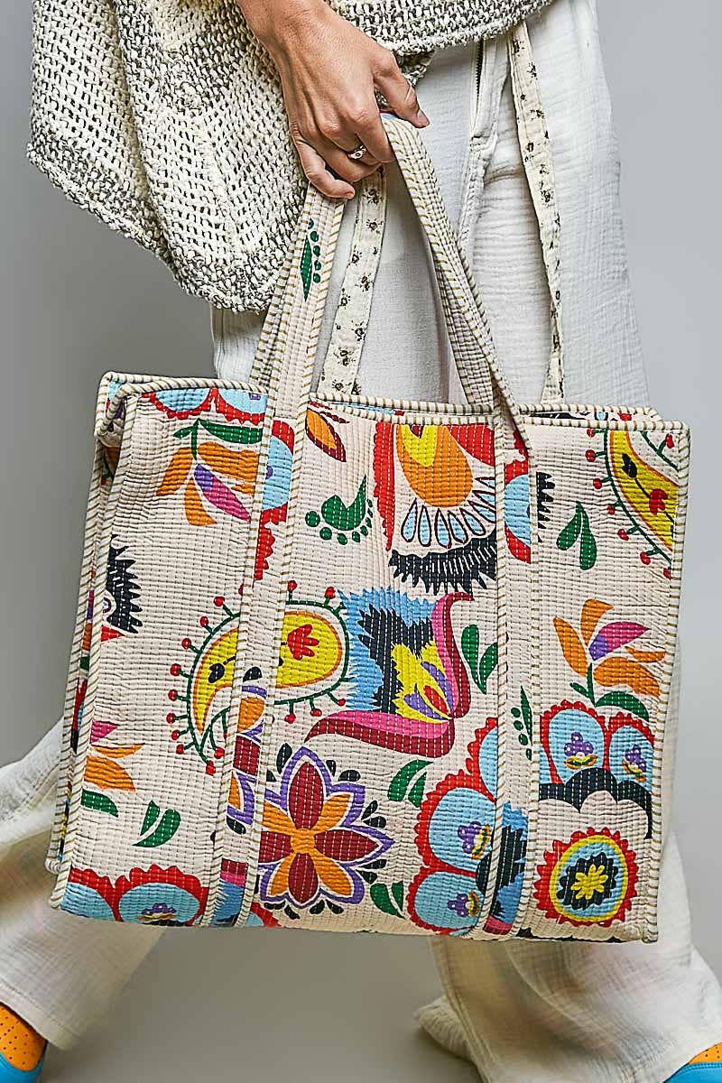 Cotton Printed Cream Tote Bag