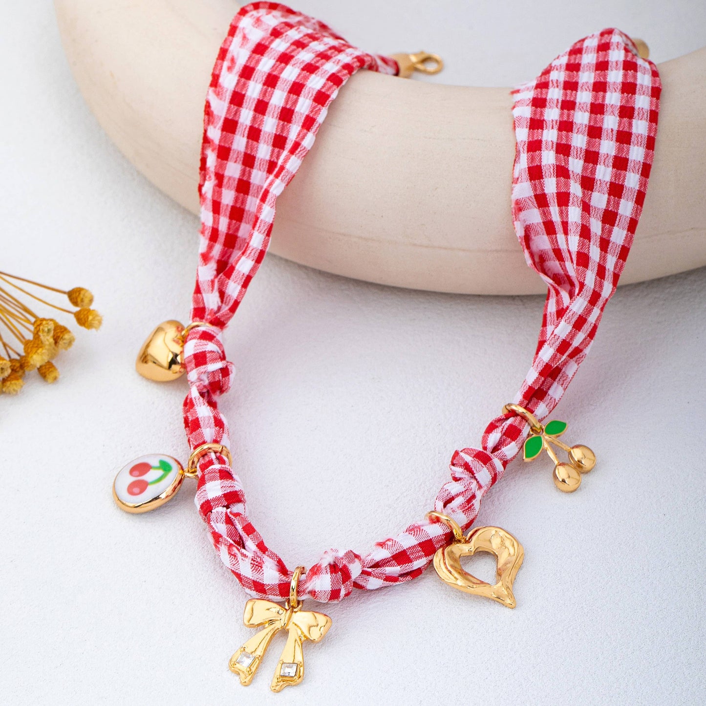 Red Gingham Scarf Charm Necklace