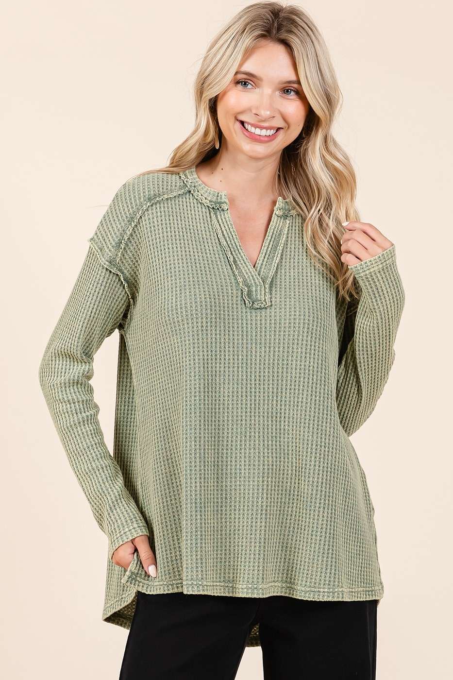 Mineral Wash Waffle Knit V-Neck Long Sleeve Top