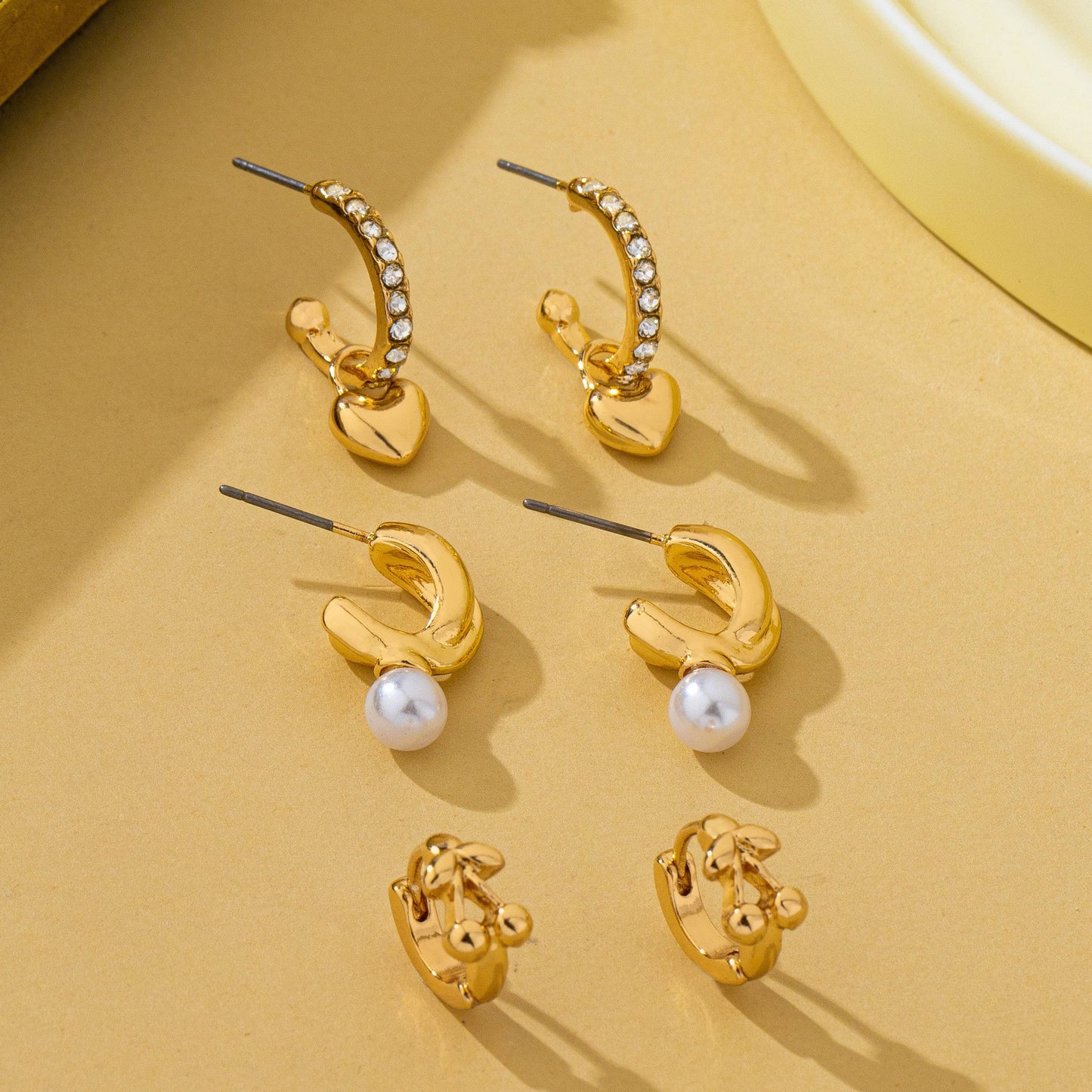 Cherry & Pearl Charm Trio Hoop Earring Set