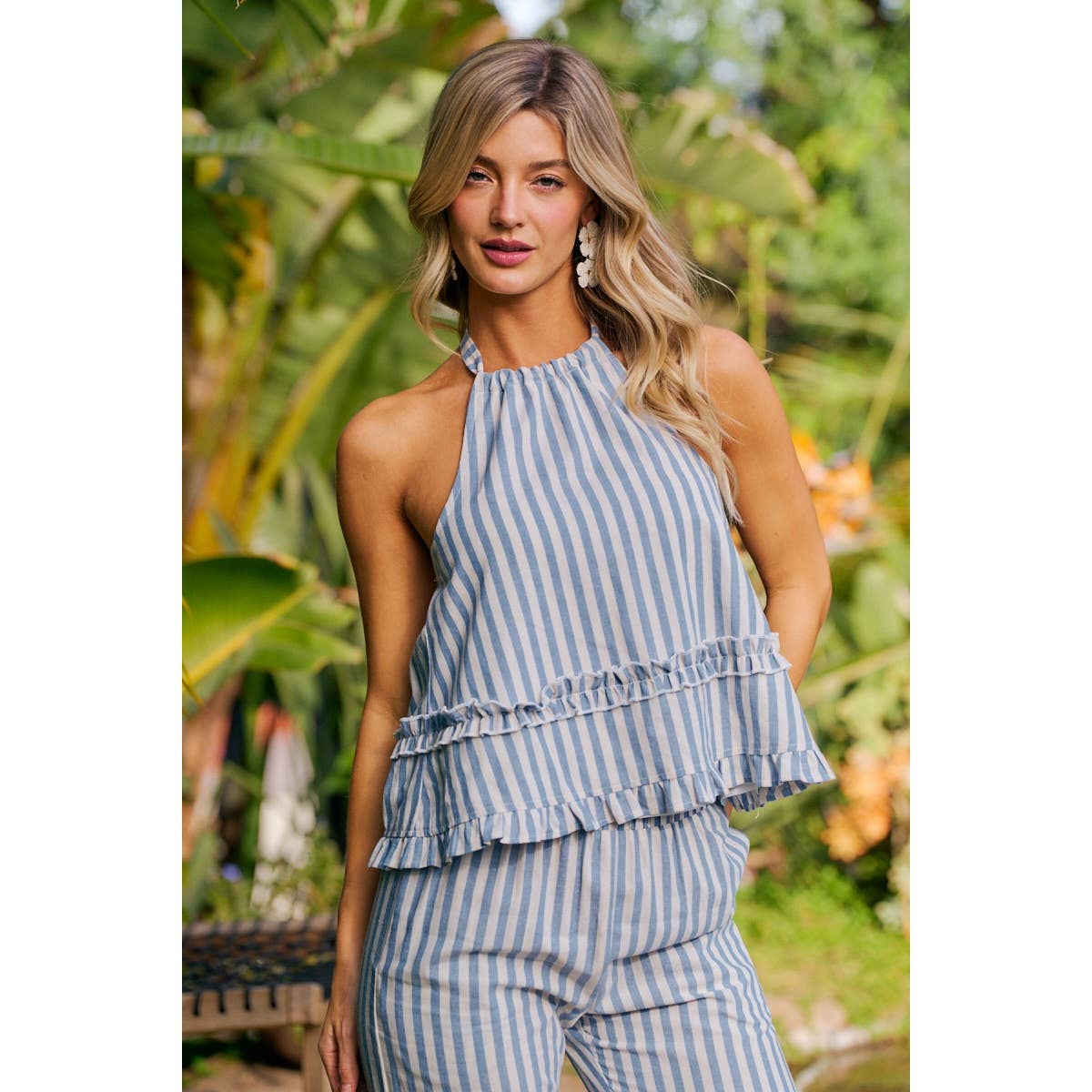 Stripe Ruffle Detail Halter Neck Top