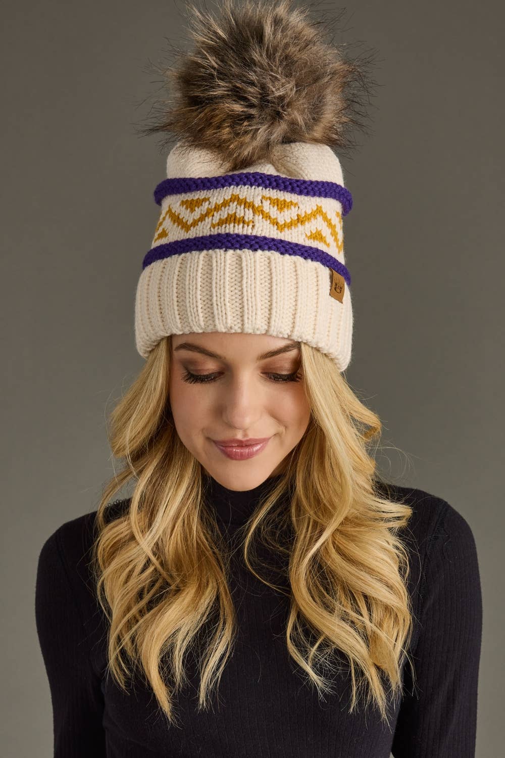 Cream, Purple & Gold Patterned Pom Hat