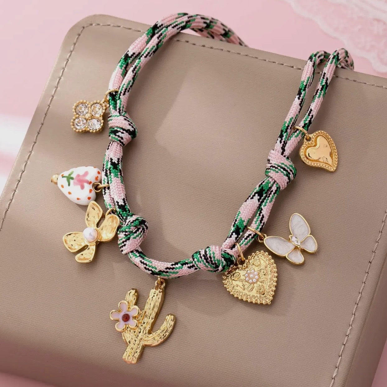 Pink Cord Charm Necklace - Bohemian Multi-Charm