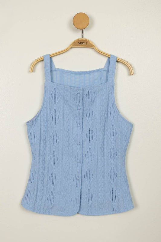 Textured Sleeveless Button Down Top