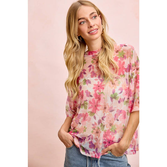 Floral Print Mesh Over Sized Top