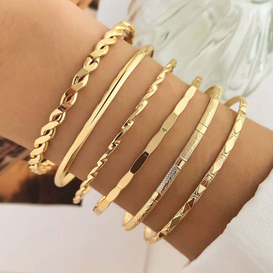Gold Layered Bangle Set - Mixed Texture Stack