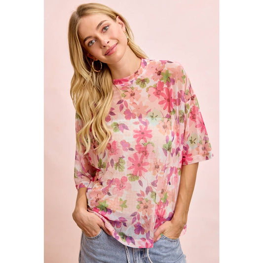 Floral Print Mesh Over Sized Top
