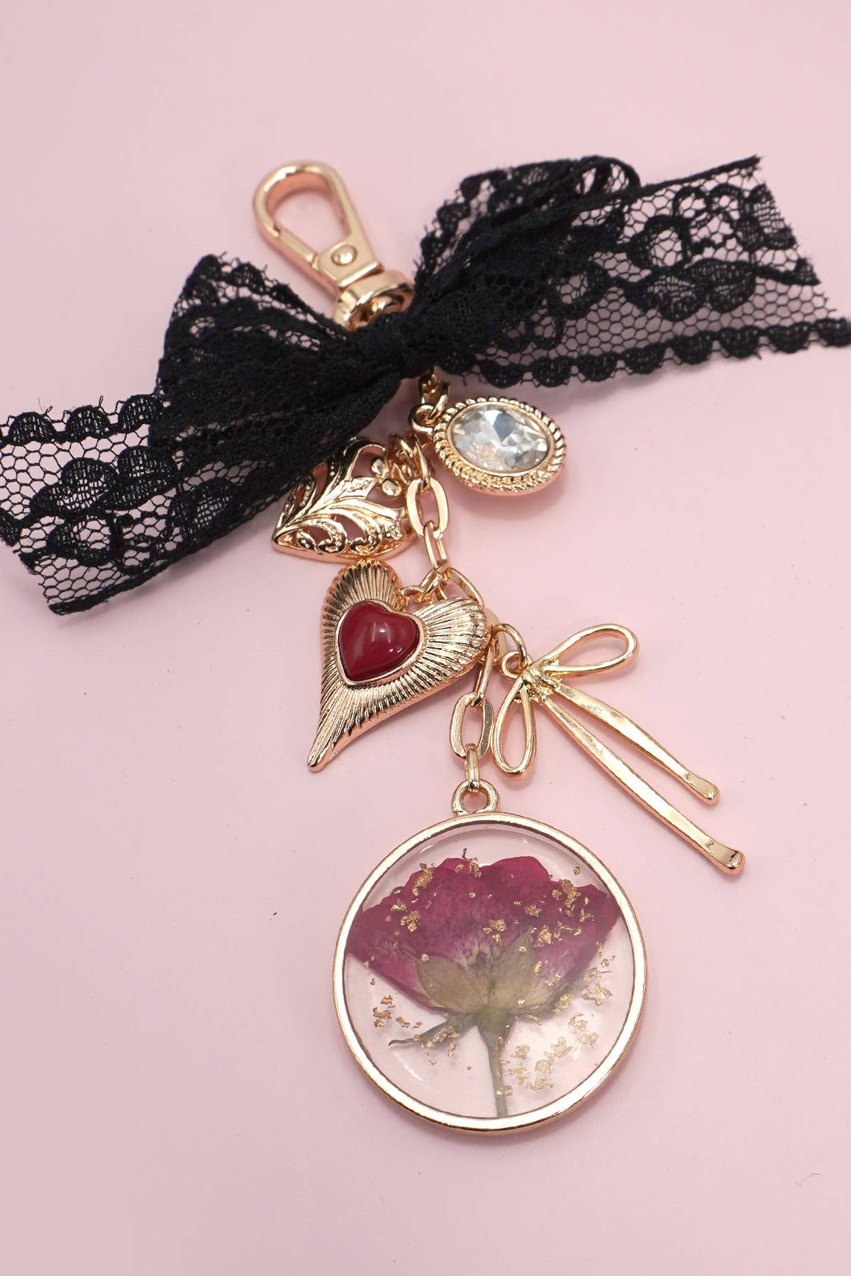 Bag Charm - Dried Flower Bow Heart Rhinestone Charms