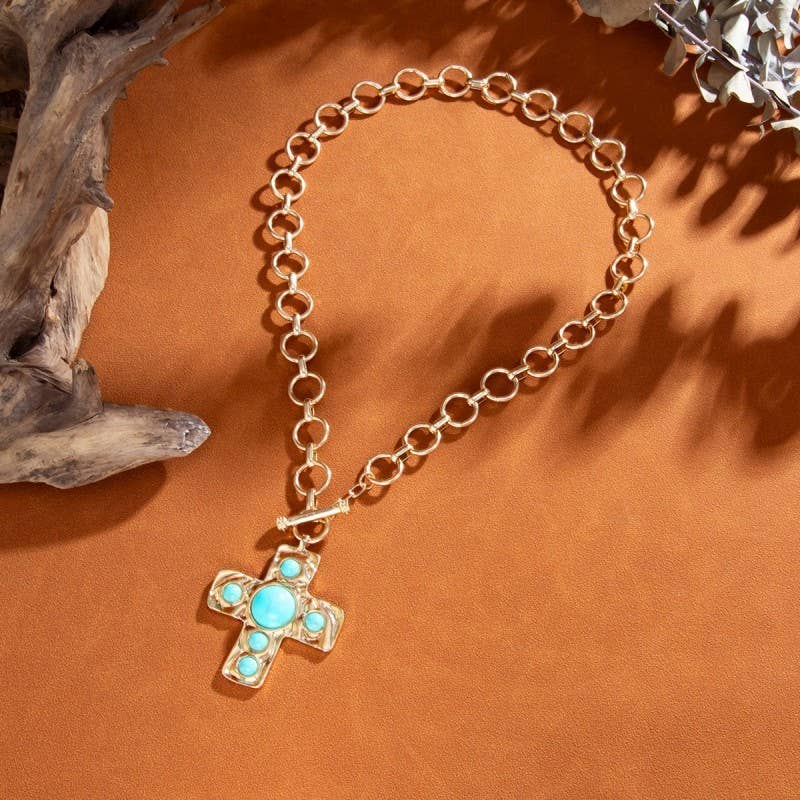 Turquoise Hammered Cross Front Toggle Necklace
