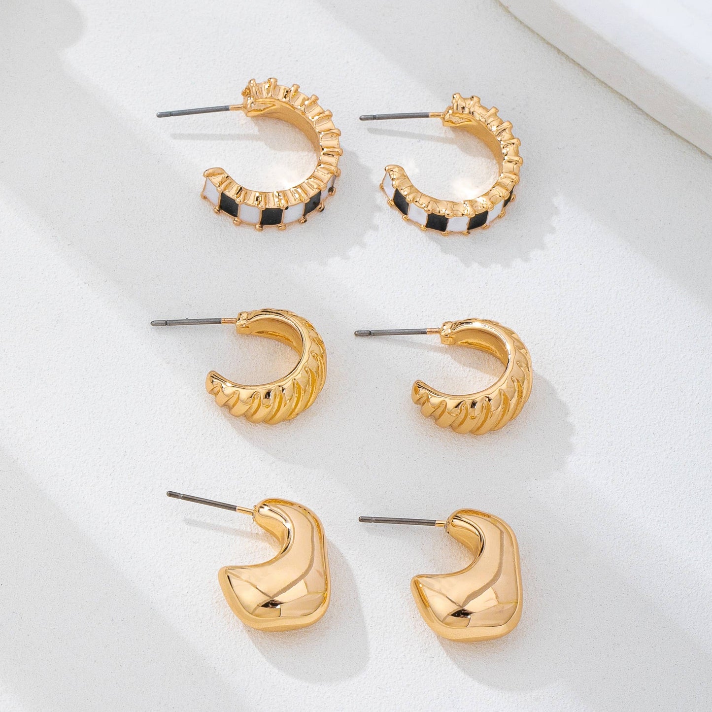 Checker Textured Huggie Hoop Trio Earring Set