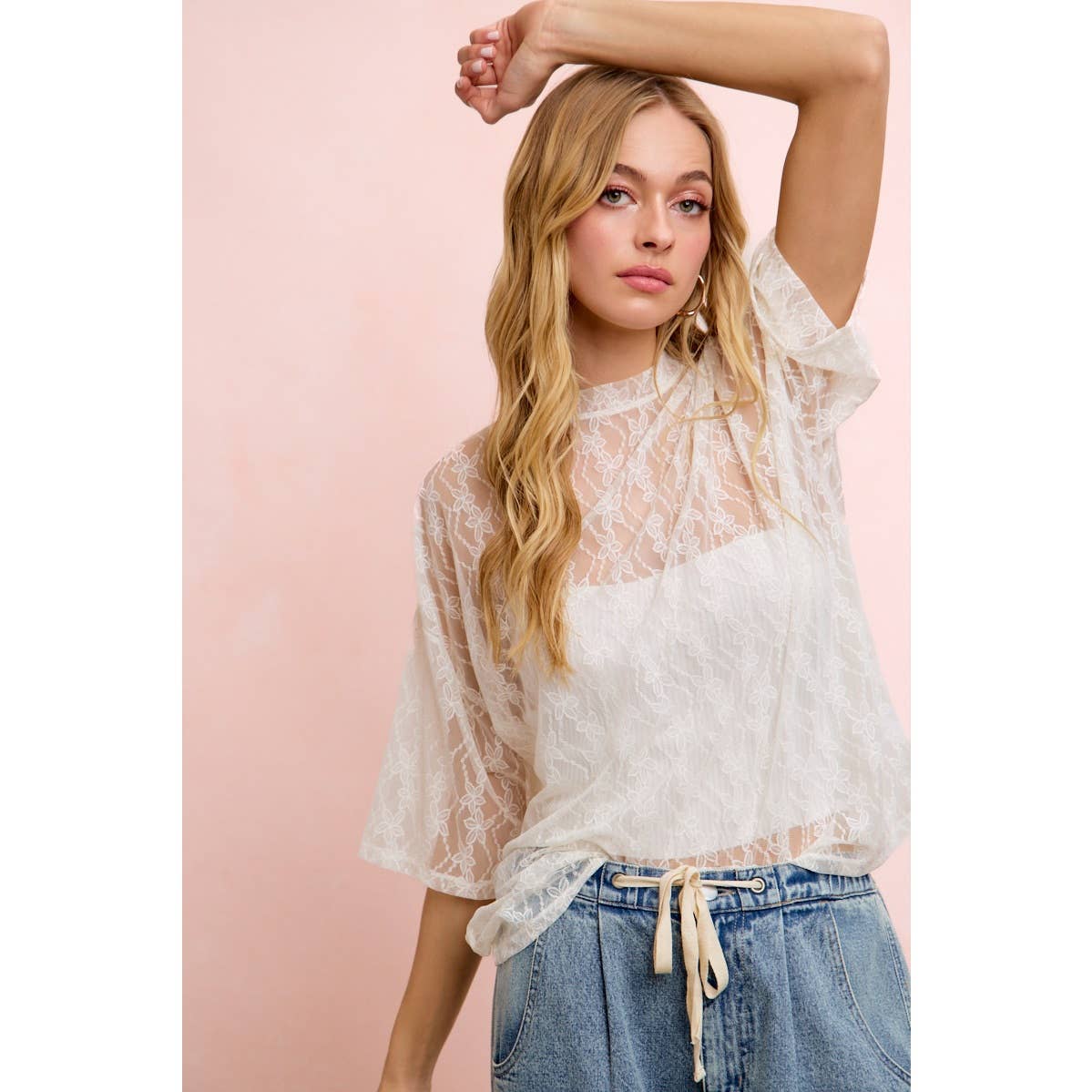 Floral Pattern Short Sleeve Mesh Top
