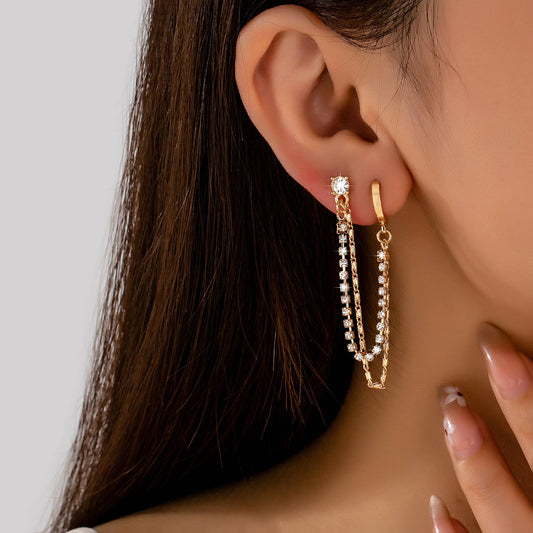 Rhinestone & Gold Double Chain Drapes Drop Earrings