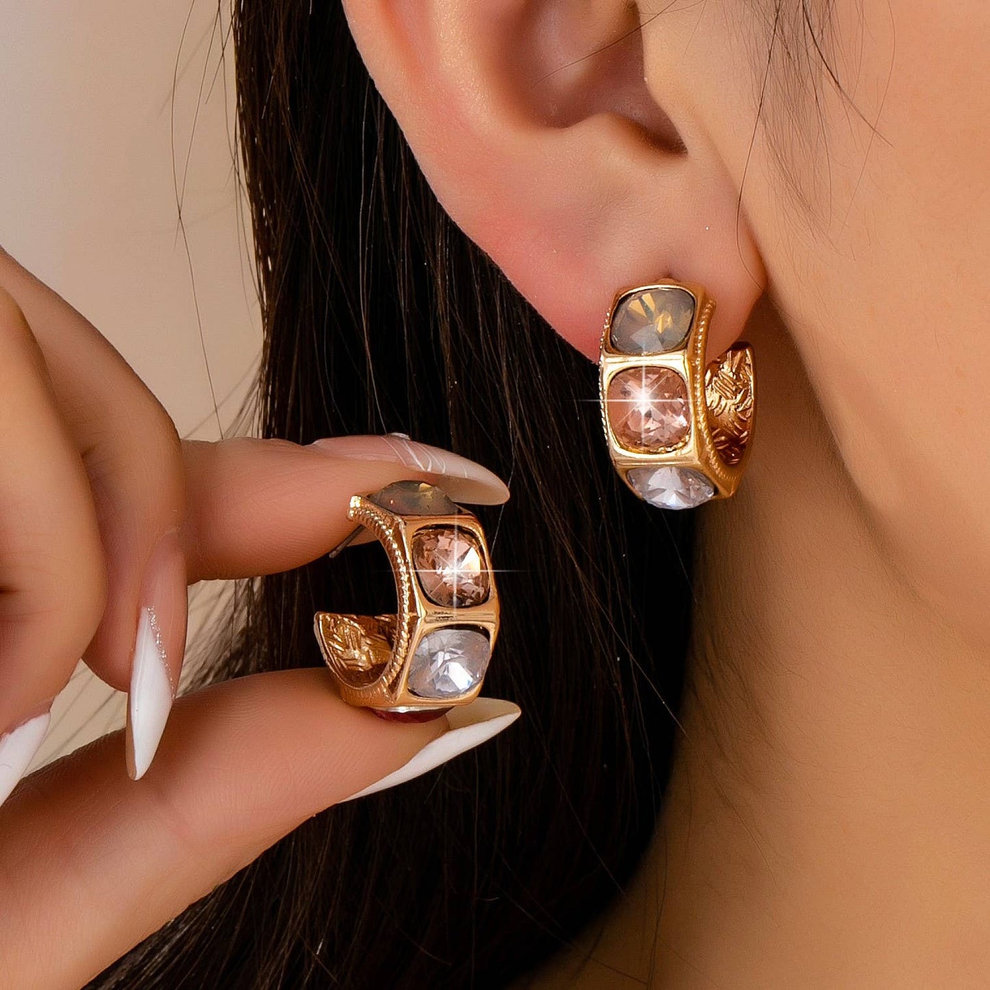 Gold-Tone Multi Color Gem Crystal Hoop Earrings
