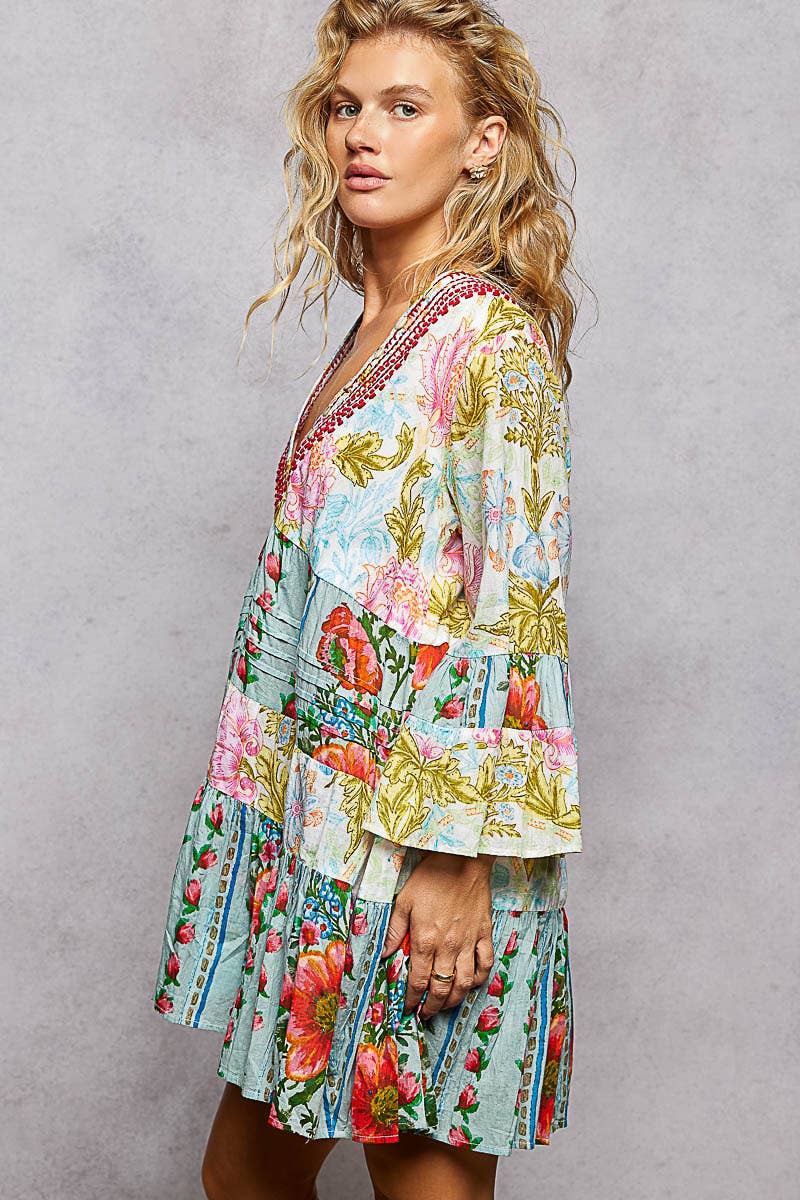 V-neck Seashell Shape Printed Woven Dress