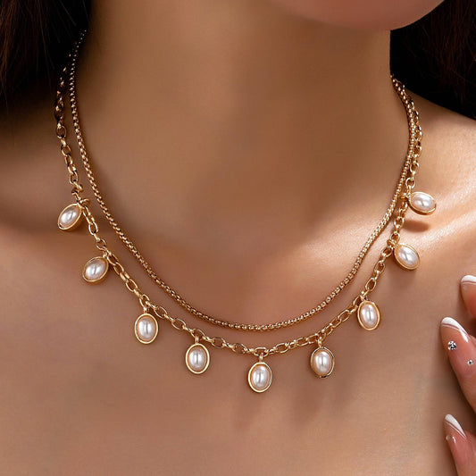 Layered Gold Chain Pearl Charm Necklace
