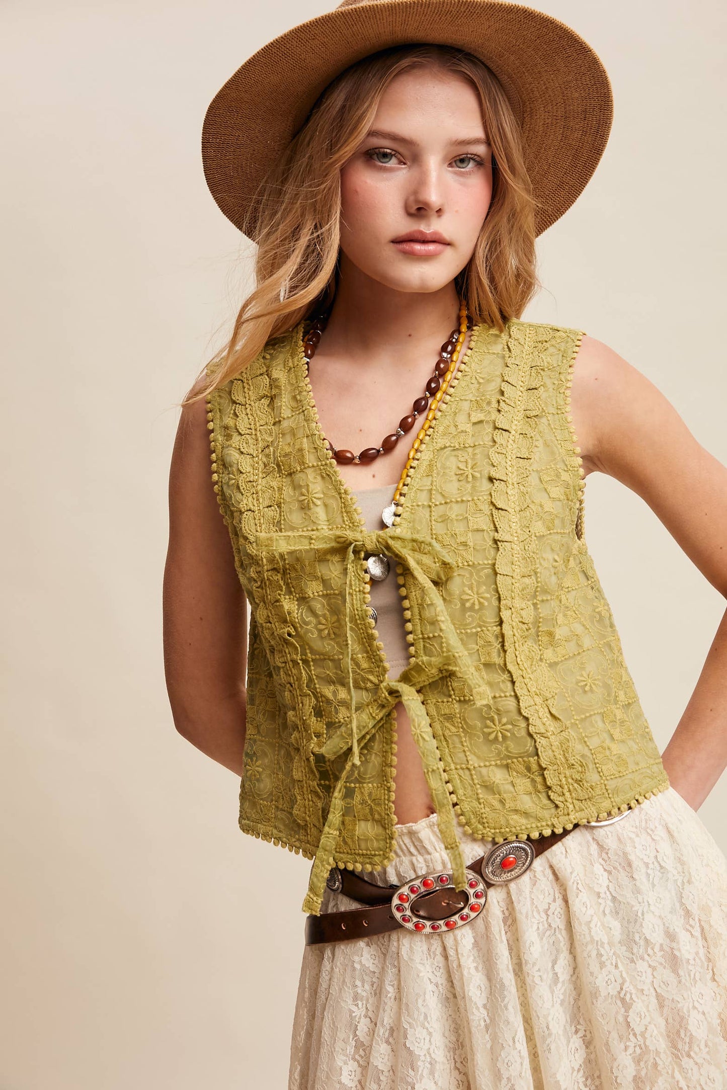 Embroidered Lace Tie-Front Vest