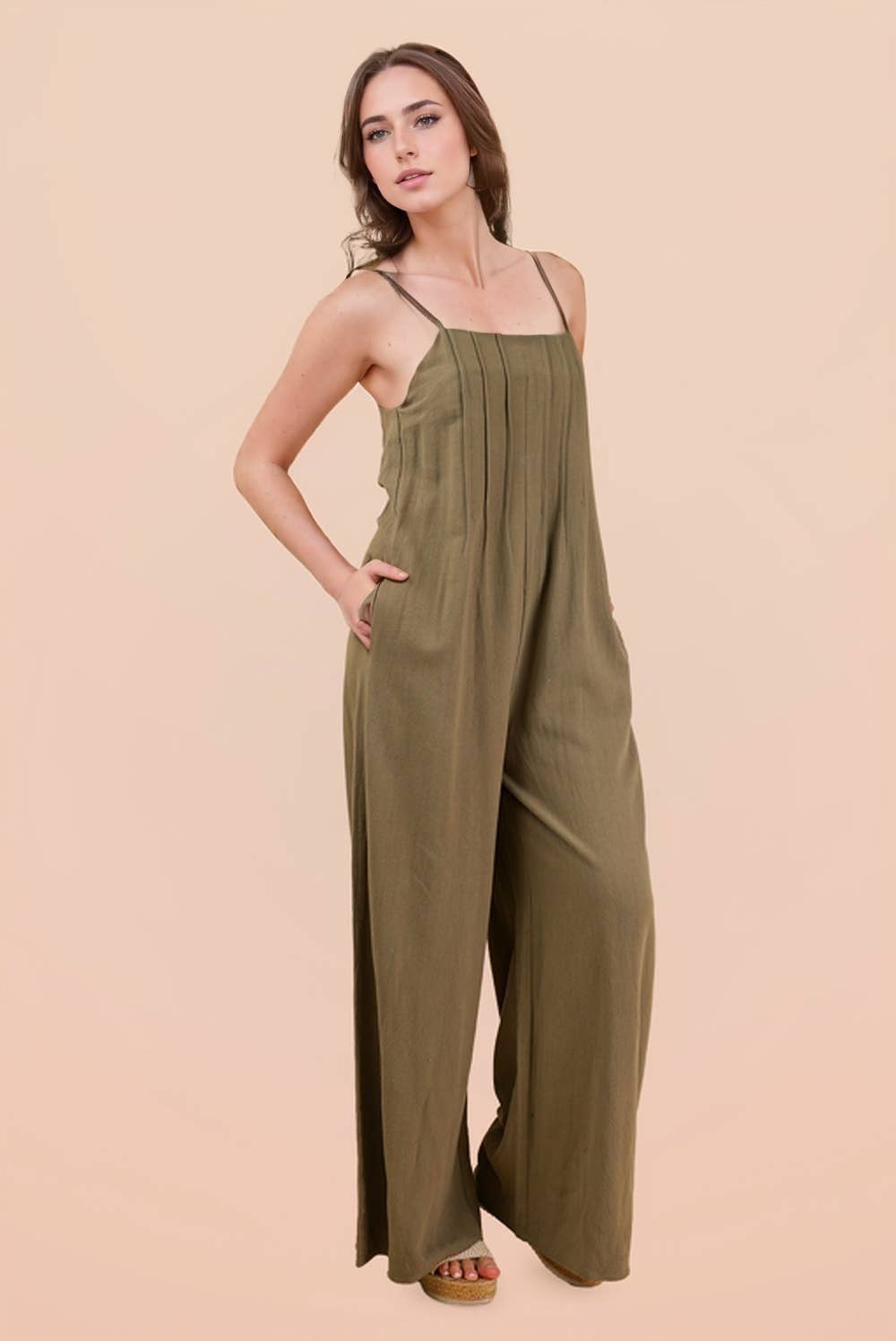 Pleated Solid Woven Sleeveless Jumpsuit