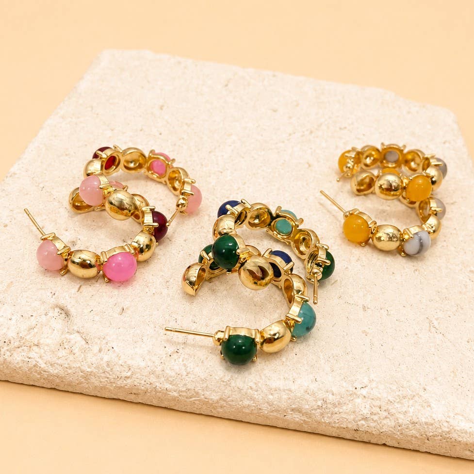 Multi-Color Cabochon Gold Hoop Earrings
