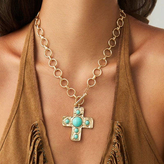 Turquoise Hammered Cross Front Toggle Necklace