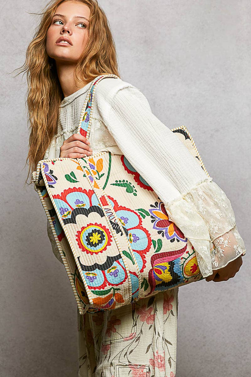 Cotton Printed Cream Tote Bag