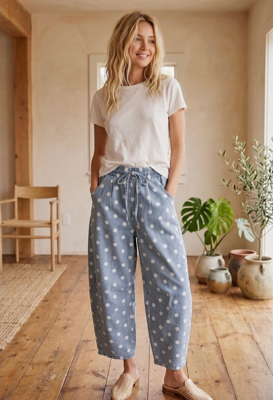 Light Wash Polka Dot Denim Barrel Pants