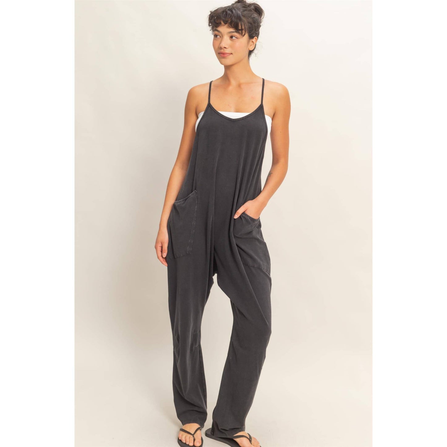 Black Mineral Wash Spaghetti Strap Jumpsuit