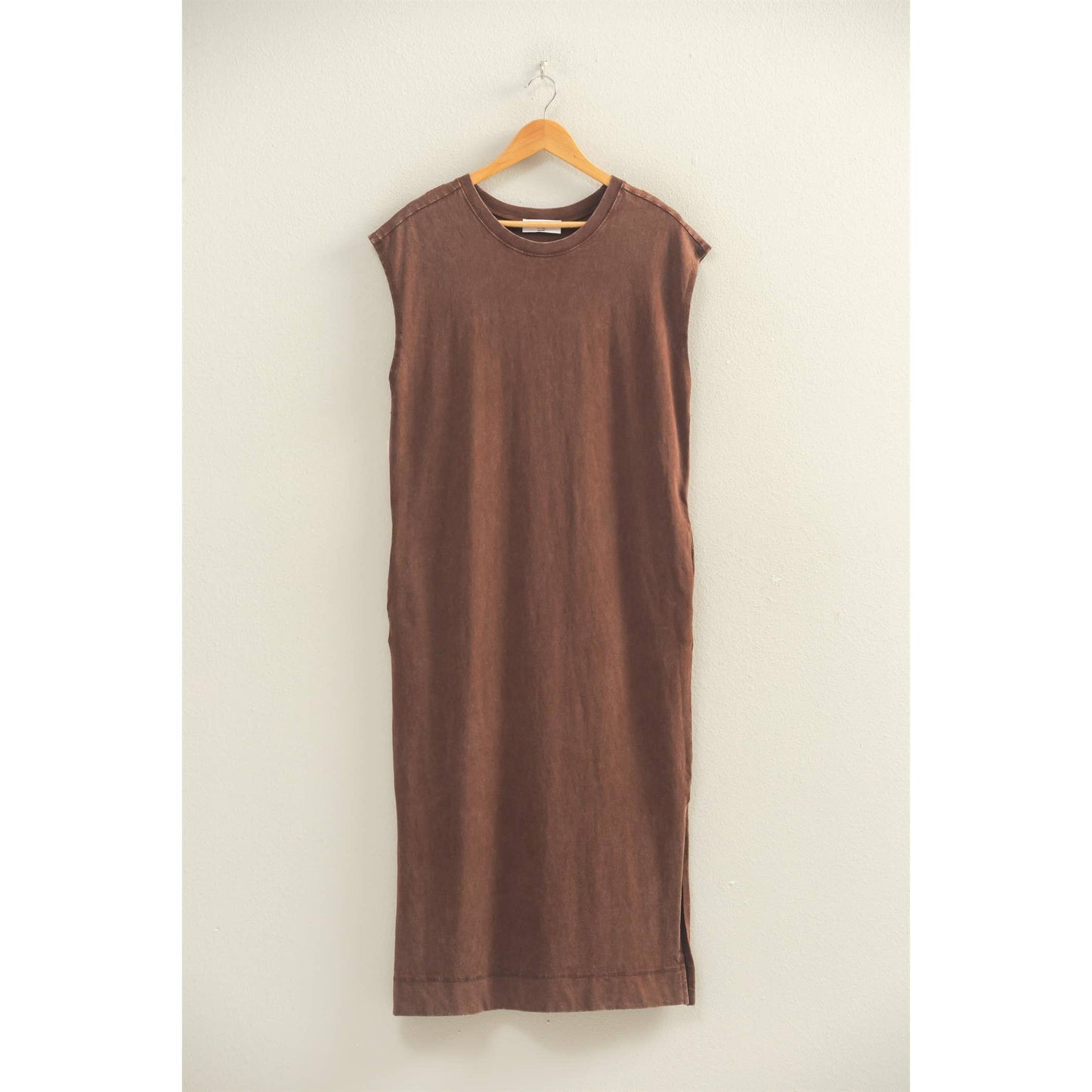 Chocolate Brown Mineral Wash Cap Sleeve Midi Dress