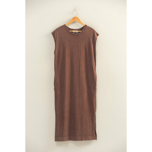 Chocolate Brown Mineral Wash Cap Sleeve Midi Dress